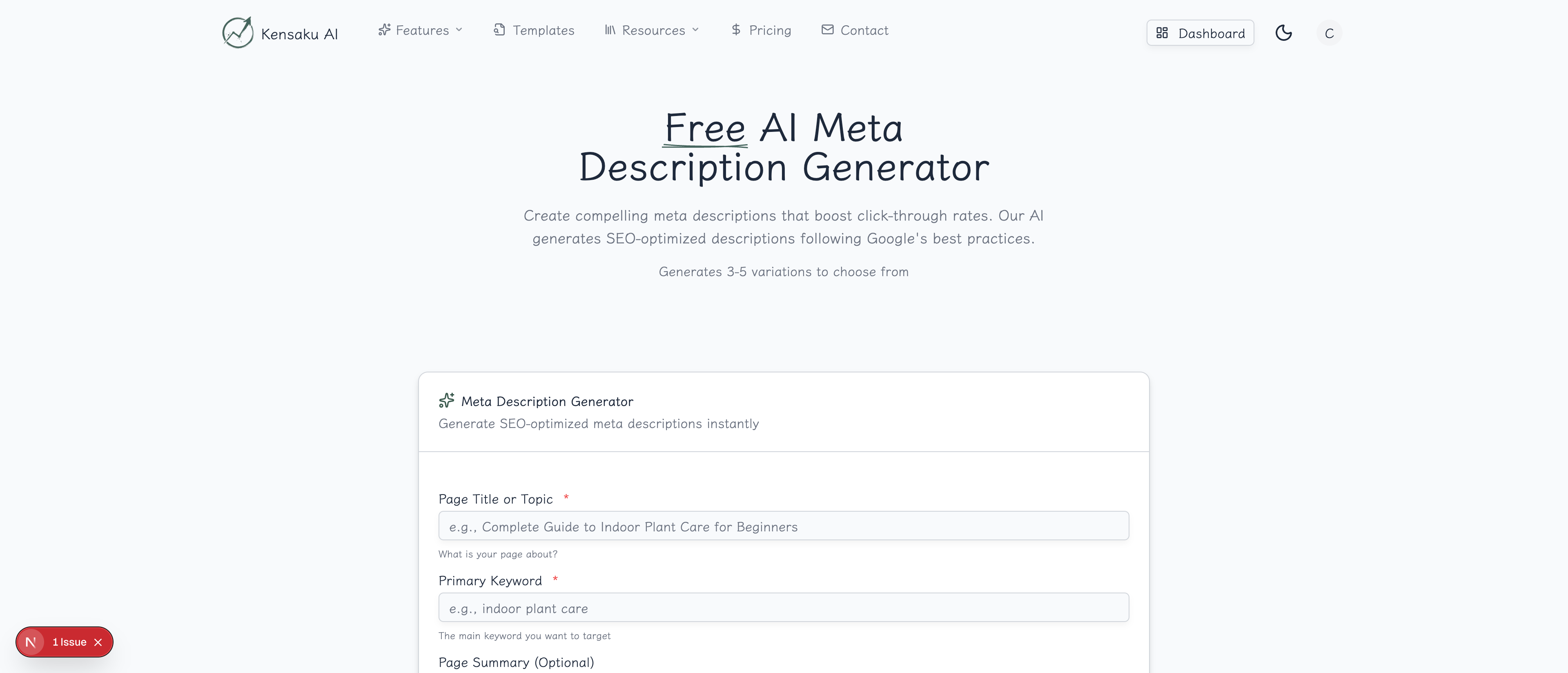 Meta Description Generator Interface