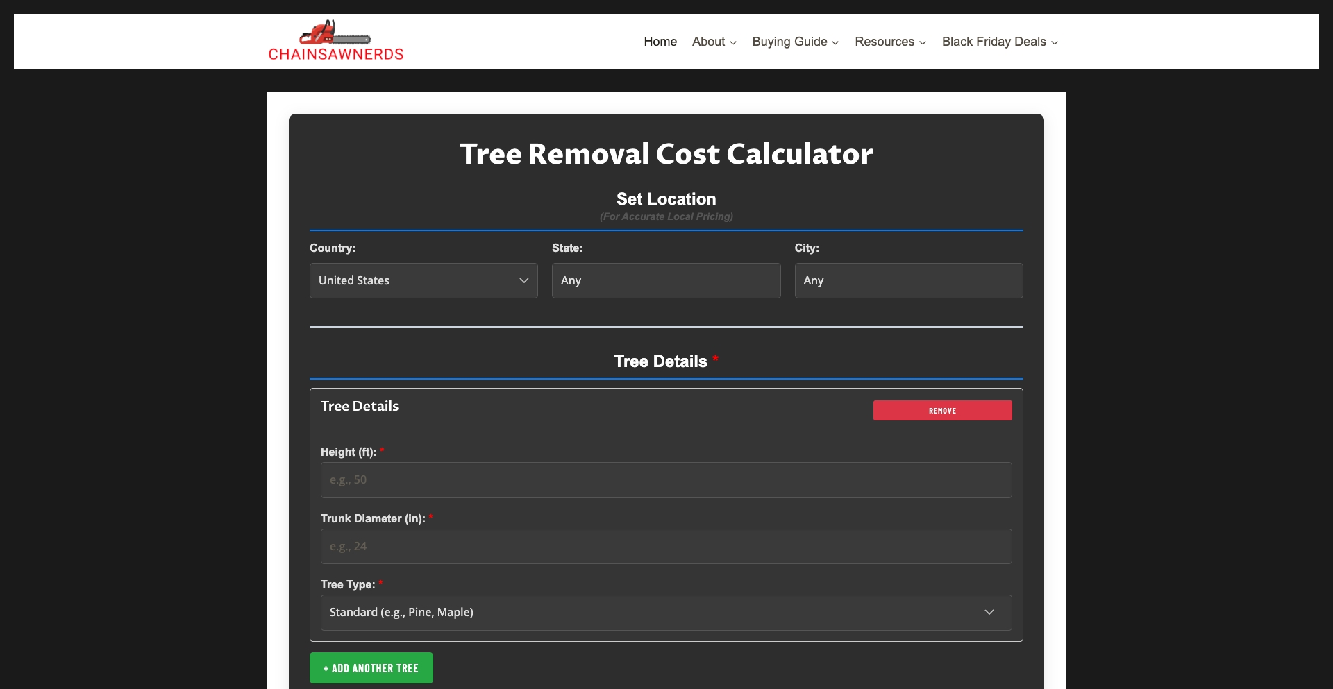Tree Removal Cost Calculator location-data programmatic SEO template - 0 monthly traffic