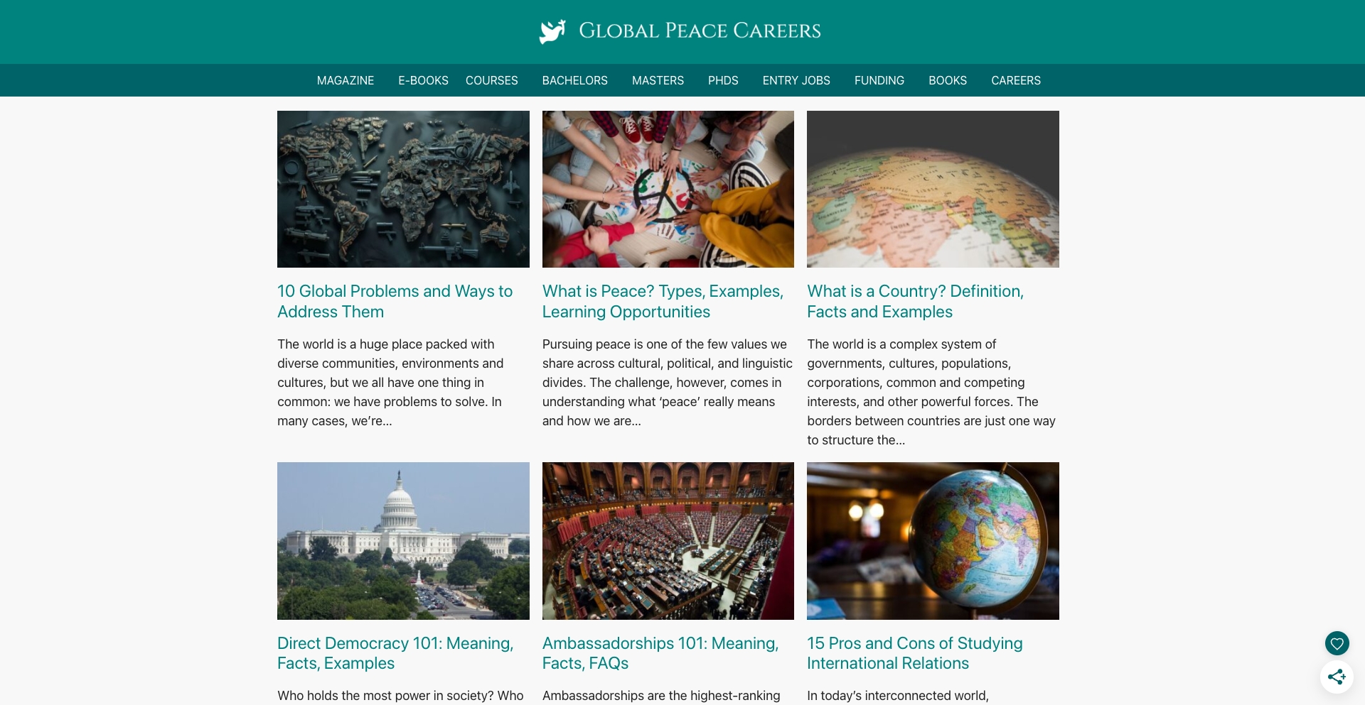 Global Peace Careers | Paid Internships, Entry Jobs, Grants and Degrees location-data programmatic SEO template - 9756 monthly traffic