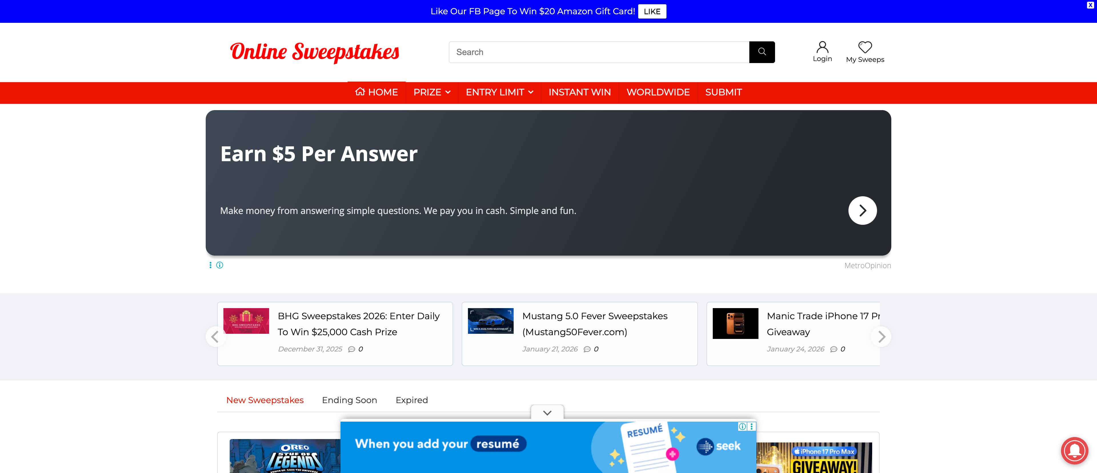 Online Sweepstakes content programmatic SEO template - 221 monthly traffic