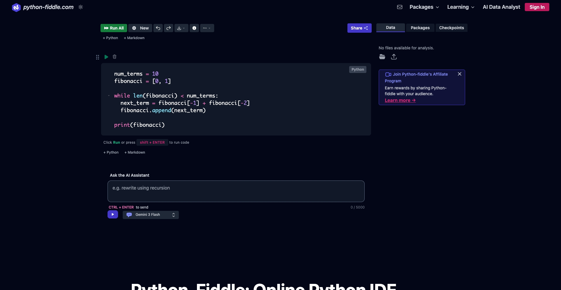 Python-Fiddle: Online Python IDE, Compiler, and Interpreter content programmatic SEO template - 18702 monthly traffic
