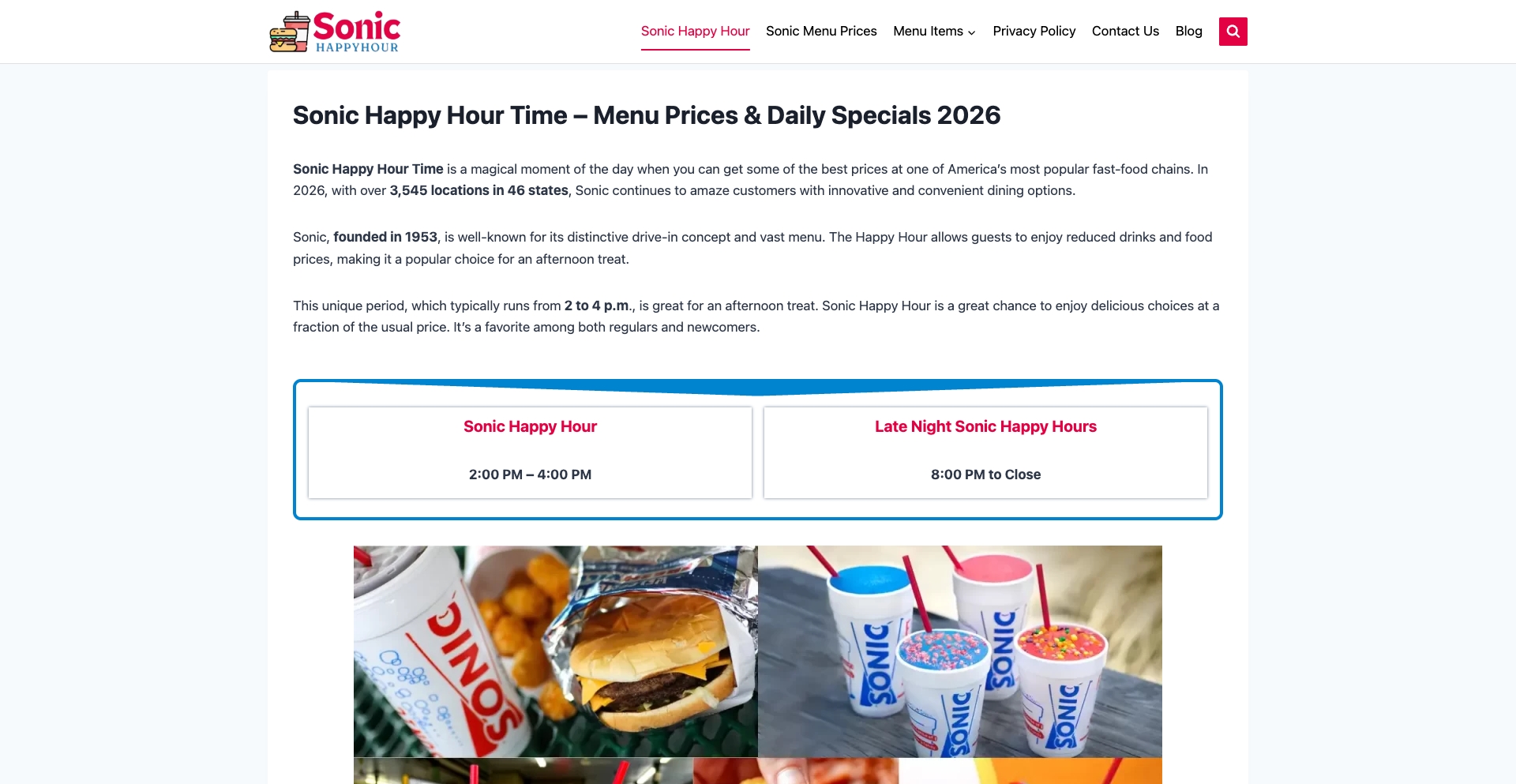 Sonic Happy Hour Time location-data programmatic SEO template - 440 monthly traffic