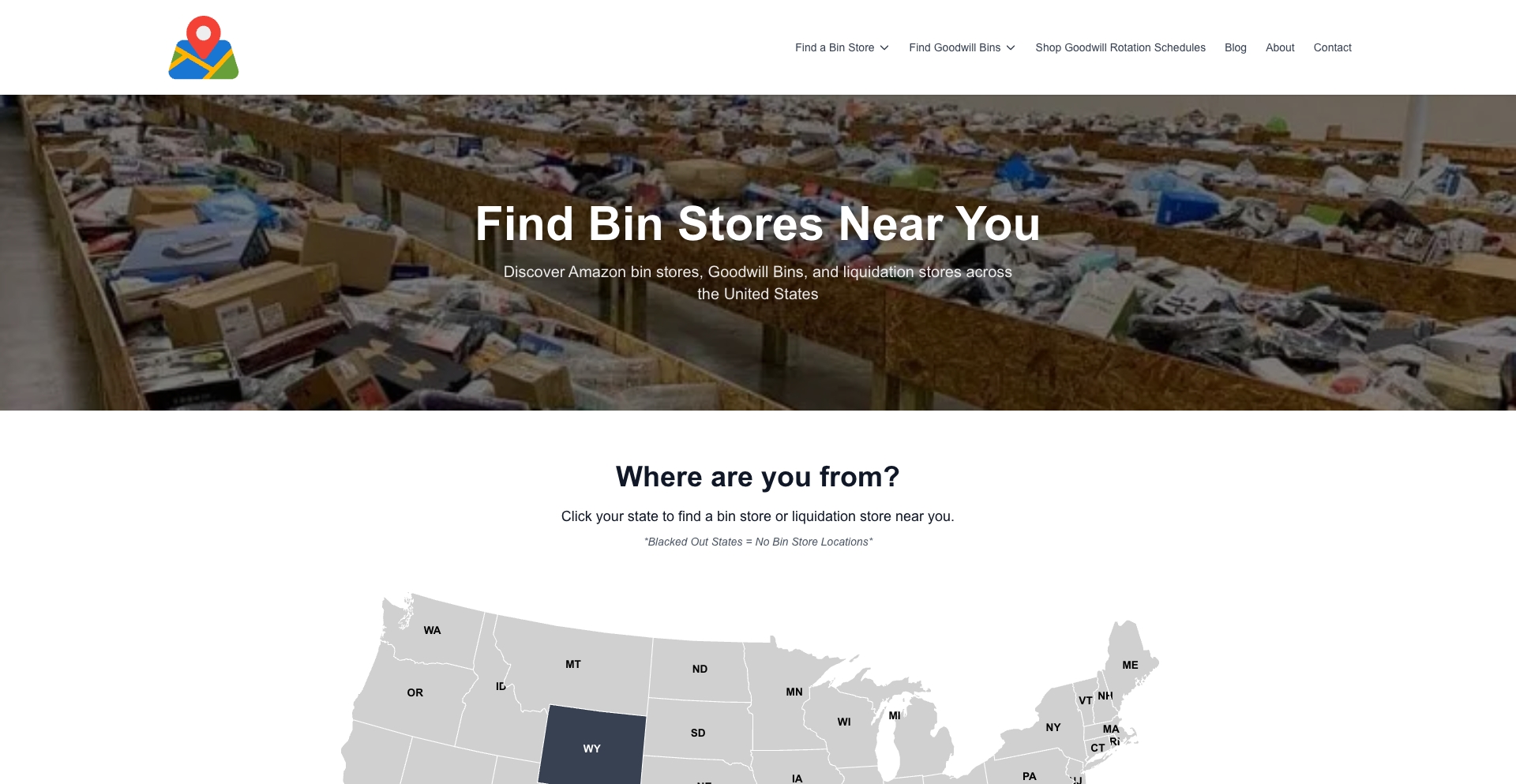 Amazon Bin Stores & Liquidation Stores Near Me | The Bin Finder location-data programmatic SEO template - 21863 monthly traffic