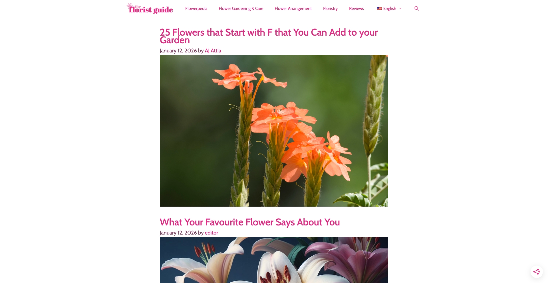 The Florist Guide | Flowerpedia, guides and more for florists and flower gardeners entity-database programmatic SEO template - 52 monthly traffic